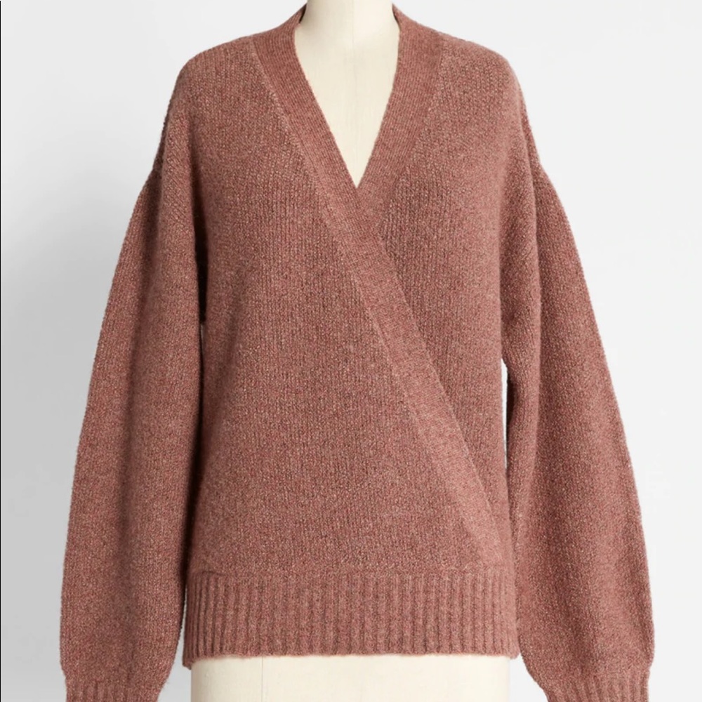 ModCloth maroon/Mauve ballon sleeve chunky heavy knit faux wrap sweater